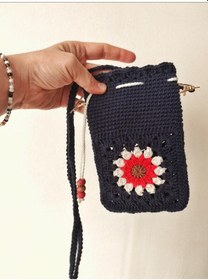 Resim Kemzey Handmade Çiçekli Telefon Çantası, Motifli Tığ İşi Telefonluk, El Yapımı Telefon Kılıfları Kırmızı - Lacivert 