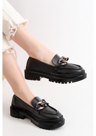 Resim Kadın Somo Siyah Cilt Kalın Tokalı Loafer Ayakkabı Siyah Siyah 