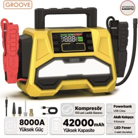 Resim Groove F05 42000MAH 8000A Akü Takviye Cihazı +Lastik Şişirme Kompresörlü Taşınabilir Jump Starter+Pd 30W Hızlı Şarj (Kompresör+Powerbank+Led Lamba+Lcd Ekran) 