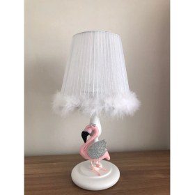 Resim Bebek Çocuk Odası Abajur Beyaz Tüy Somon Renk Filamingo 