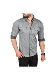 Resim Deepsea Erkek Gri Slim Fit Pamuklu Cepli Kot Gömlek Çıtçıtlı Uzun Kollu Spor Gömlek 2502503 Gri 