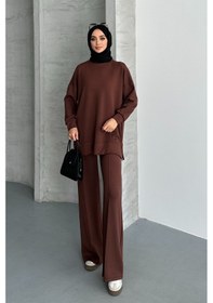 Resim Feela Moda Kadın Modal Penye Oversize Tesettür Tunik Takım 2020 Kahverengi 