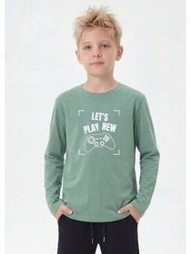 Resim Panios Kids Yuvarlak Yaka Uzun Kollu Baskı Detaylı Erkek Çocuk Sweatshirt Mint Yeşili 
