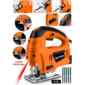 Resim Steiner Alman 4600 W Lazerli Sjs Metal Şanzuman 6 Kademe Devirli Pandül Ayarlı Dekupaj Testere Makinesi 5 Uç Turuncu 