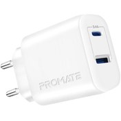 Resim Promate BiPlug-2 17W Yüksek Hızlı Şarj Cihazı, 5V\u002F3A Type-C, 5V\u002F2,4A USB Duvar Şarj Adaptörü, Aşırı Şarj Koruma Beyaz 
