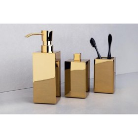 Resim DİZAYNAKS Kare Gold Parlak Sıvı Sabunluk Diş Fırçalık Pamukluk Seti 