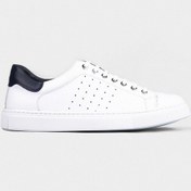 Resim Lacivert Bilek Detaylı Hakiki Deri Beyaz Bağcıklı Erkek Spor Ayak Beyaz 