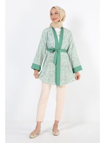 Resim Desenli Beli Kuşaklı Kimono Yeşil 