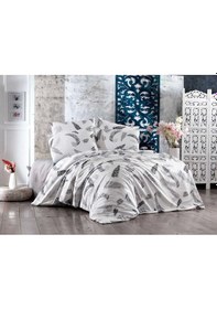 Resim Çift Kişilik Lastikli Çarşaflı Pamuklu Nevresim Takımı Gray Leaf Renkli 