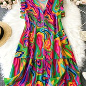 Resim Kadınların Büyük Beden Rahat Baskılı Elbisesi - Canlı Bağcıklı Desen, Düğmeli, Kap Kollu, Diz Boyu, Bol Kesim, Polyester, Hafta Sonu Giyim İçin Mükemmel, Rahat Giyim Elbisesi | Canlı Baskılı Elbise | Düğmeli Kapa Elbise 