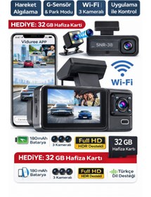 Resim SONREİR SNR -38 Wi-Fİ Full Hd 3 Kameralı Araç içi Güvenlik Kamerası IR Gece Görüşü G-Sensör Ön-arka-iç Kayıt 