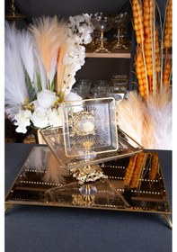 Resim Argkristal Gold Detaylı Metal Ayaklı Madlen 2 Boy Kare Servis Sunum Tabağı 2 Parça Altın 