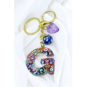 Resim Renkli Nazar Boncuklu G Harfi Anahtarlık, El Yapımı Hediyelik Çanta Süsü 