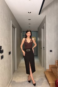 Resim Kahverengi Kemerli Yırtmaçlı Kalem Etek - Kahverengi / 36 