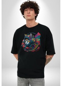 Resim Kulaklık Kedi Müzik Tekir Pamuklu Bisiklet Yaka Unisex Oversize Boyfriend Dijital Baskılı Siyah T-shirt Siyah 