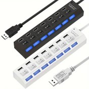 Resim 1 Adet Yüksek Hızlı USB 2.0 Hub, 4/7 Bağlantı Noktalı Ayrı Açma/Kapama Düğmeleri ile - Harici Güç Gerektirmeyen USB Beslemeli Çoklu Cihaz Bağlantısı için USB Sürücüler, Harici Sabit Diskler, Klavyeler, Fareler - Şarj İçin Değil, Dikey Port Hizalama RV Fişleri ve Girişler 