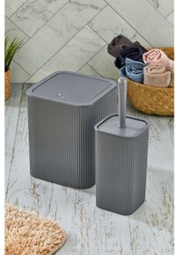 Resim Line 2 Parça Kare Banyo Seti - Çöp Kovası Wc Fırçası Set Antrasit 