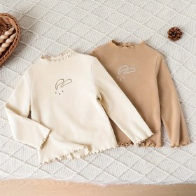 Resim 2'li Paket Genç Kız Günlük Sevimli Çizgi Tavşan Nakışlı Düz Renk Fırfır Detay Uzun Kollu Temel Çok Yönlü İlkbahar/Sonbahar İçin Tişört, Okul ve Açık Hava 