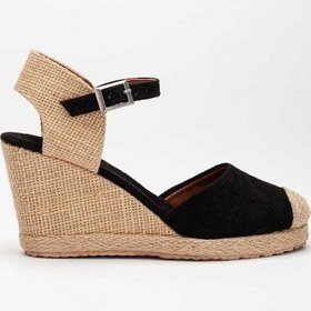 Resim Bayan Keten Hasır Espadril Siyah Burnu Hasırlı Arkası Açık Dolgu Topuk Siyah 