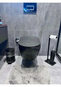 Resim Aju Tuvalet Kağıtlığı Fırçalık Ve Pedallı Çöp Kovası Seti Modern Ve Şık Siyah Metal Siyah 
