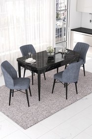 Resim Canisa Nef Serisi 70x114 Açılabilir Mdf Siyah Mermer Desen Masa Takımı Ve 4 Füme Sandalye 