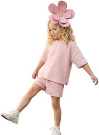 Resim Pembe Oversize T-shirt Şort Takım Kız Çocuk%100 Pamuk 