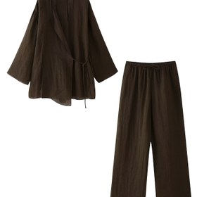 Resim Kadınlar için V Yaka Asimetrik Sarma Dantel Bol Gömlek ve Yazlık Geniş Uzun Pantolon Takımı 
