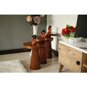 Resim Ahşap 3 Lü Set Kestane Renk Parlak Vernikli Fitilli Mantar Yan Sehpa Modern Ceviz 
