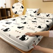 Resim 1 adet Modern Minimalist Kedi ve Ekmek Baskılı Uygun Çarşaf - Yumuşak Polyester, Makine Yıkanabilir, Eğlenceli Siyah Kediler ve Altın Böcek Tasarımı ile Dekoratif Yatak Örtüsü, Ebeveynler, Aile ve Arkadaşlar için Mükemmel Hediye, Ebeveynler için Hediye | Eğlenceli Tasarım | Dokulu, Uygun Çarşaf 