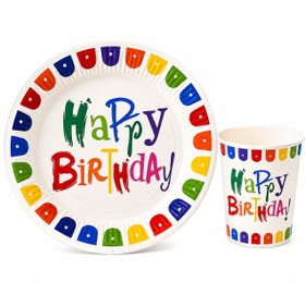 Resim Renkli Happy Birthday Tabak Bardak Set 8 Tabak 8 Bardak 