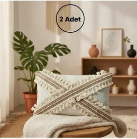 Resim Ham Keten Krem Çapraz Kahve Dantelli Ponponlu 2 Adet Kırlent Kırlent Kılılfı 35 X 55 