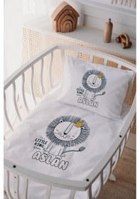 Resim %100 Pamuk Saten Isme Özel Isimli Anne Yanı Beşik Nevresim Takımı Aslan 7 