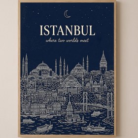 Resim Istanbul Line Art Print - Navy Bosphorus Skyline Hagia Sophia Wall Art - Wooden Frame - Natural / 20 x 28" (50x70 cm) 