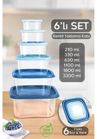 Resim 6'lı Kare Erzak Gıda Saklama Kabı Seti - Mikrodalga Ve Derin Dondurucuya Uygun Saklama Kabı Mavi 