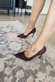 Resim 10 1814 Topukla Kadın İnce Topuklu Stiletto Ayakkabı Kahve Süet 