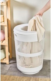 Resim Çamaşır Sepeti Modern Yuvarlak Dekoratif Delikli Kirli Sepeti Kapaklı Plastik Yeşil, CAN.009.023 