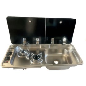 Resim İkili Çift Cam Kapaklı Kombinasyon Ocak Evyeli 78x36 Yatek Karava 