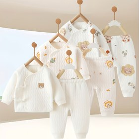 Resim Yeni Sonbahar-Kış Seti, Dış Giyim ve İç Giyim ile Soğuğa Karşı Rahat Katmanlı Koruma. V Yaka Düğme Tasarım ve Ayarlanabilir Askılı Pantolonlu Kaban. 0-6 Aylık (Unisex), Açık Hava için Mükemmel 