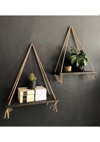 Resim O&Awood 2'Li Halatlı Doğal Ahşap Raf, Dekoratif Duvar Rafı, Siyah 