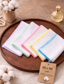 Resim Pamuklu Renkli Oyalı Tülbent 5’li Set | 90x90 cm Kare, Karışık Renk Yumuşak Dokulu 