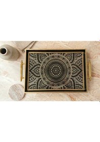 Resim Mandala Desenli Dekoratif Tepsi Siyah Gold Çerçeveli Kulplu Çay Kahve & Sunum Tepsisi 