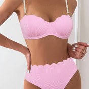 Resim Kadınlar için İnci Zincir Detaylı Pembe Bikini Takımı, Yüksek Esneklikte Düz Renk Örgü Kumaş, Polyester %95 Elastan %5, 250gsm Hafif Mayo 