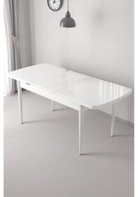 Resim Florn Beyaz 80 X 132 Açılabilen Sunta Masa Metal Ayaklı Mutfak Masası Takımı 4 Krem Sandalye Krem 