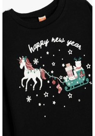 Resim Kotonkız Bebek Sweatshirt Yılbaşı Baskılı Uzun Kollu Bisiklet Yaka Pamuklu Şardonlu Siyah 