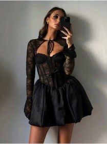 Resim DENİKK TREND ÖZEL TASARIM SATEN DANTEL KUMAŞ BOLERO ELBİSE TAKIM-Beauty Taffeta and Lace Fabric Lined Bolero and Dress Set 