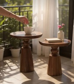 Resim AYLESA Doğal Ahşap 2’li Set Mantar Yan Sehpa Modern Fiskos Zigon Çiçeklik 