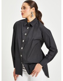 Resim Serpil Exclusive Kadın %100 Koton Oversize Gömlek Taş Düğme Detaylı Uzun Kollu Şık Model Siyah 