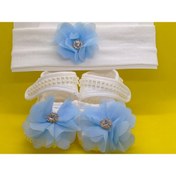 Resim BUKAWEAR Kız Bebek Ekru Yeni Doğan Bandana Ayakkabı Aksesuarlı 2 Li Set Takım 