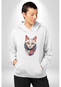Resim Renki Kedi Sarı Gözlü Tekir Kadın Erkek Beyaz Kapüşonlu Sweatshirt Hoodie Beyaz 