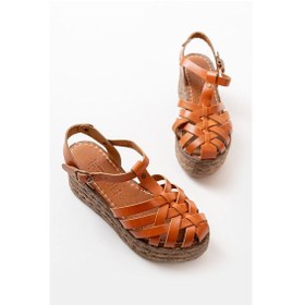 Resim 684-02 Taba Ortopedik Hakiki Deri Dolgu Kadın Sandalet Altın - Taba 